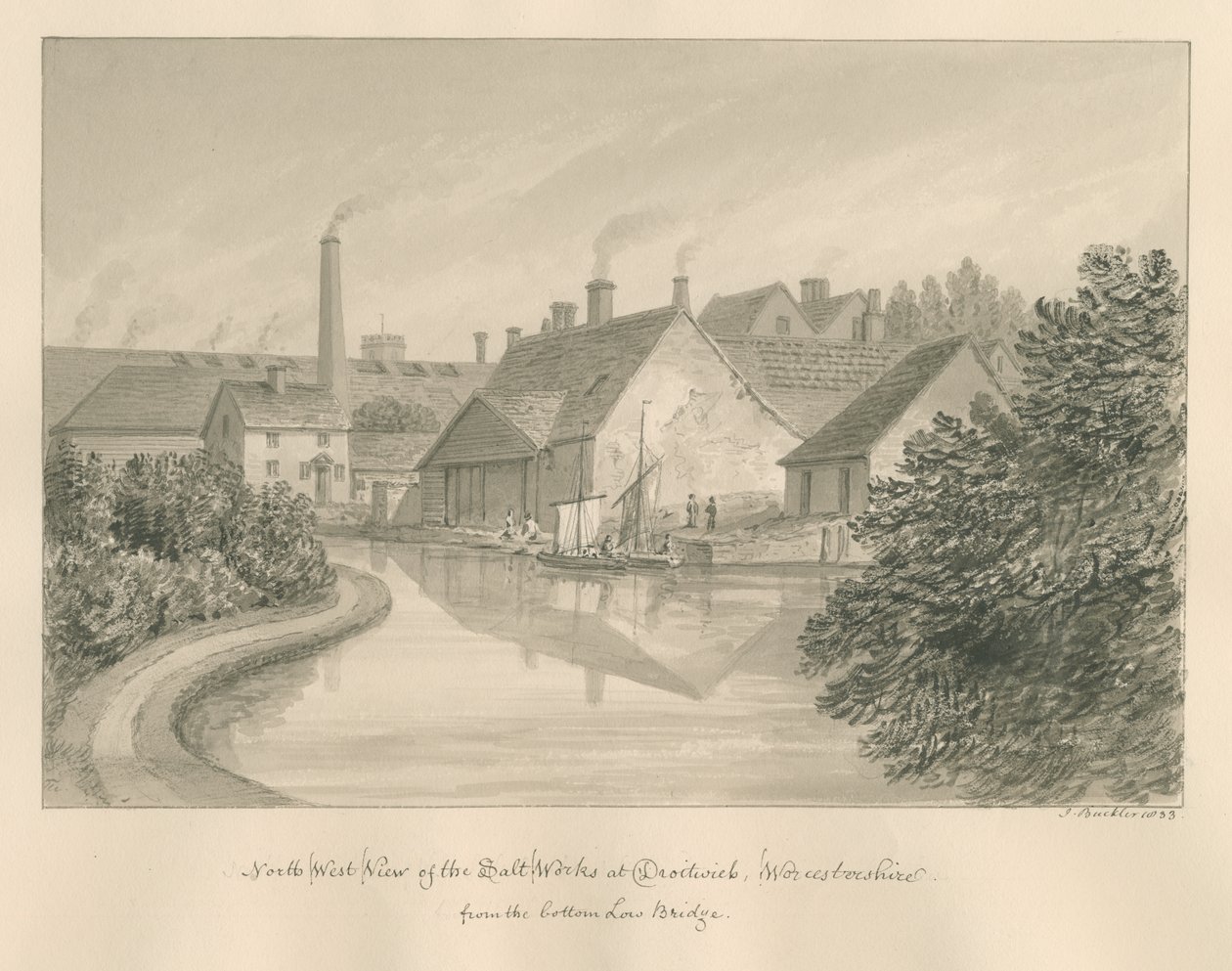 Worcestershire - Droitwich - Saltverk: sepia-tegning, 1833 av John Buckler