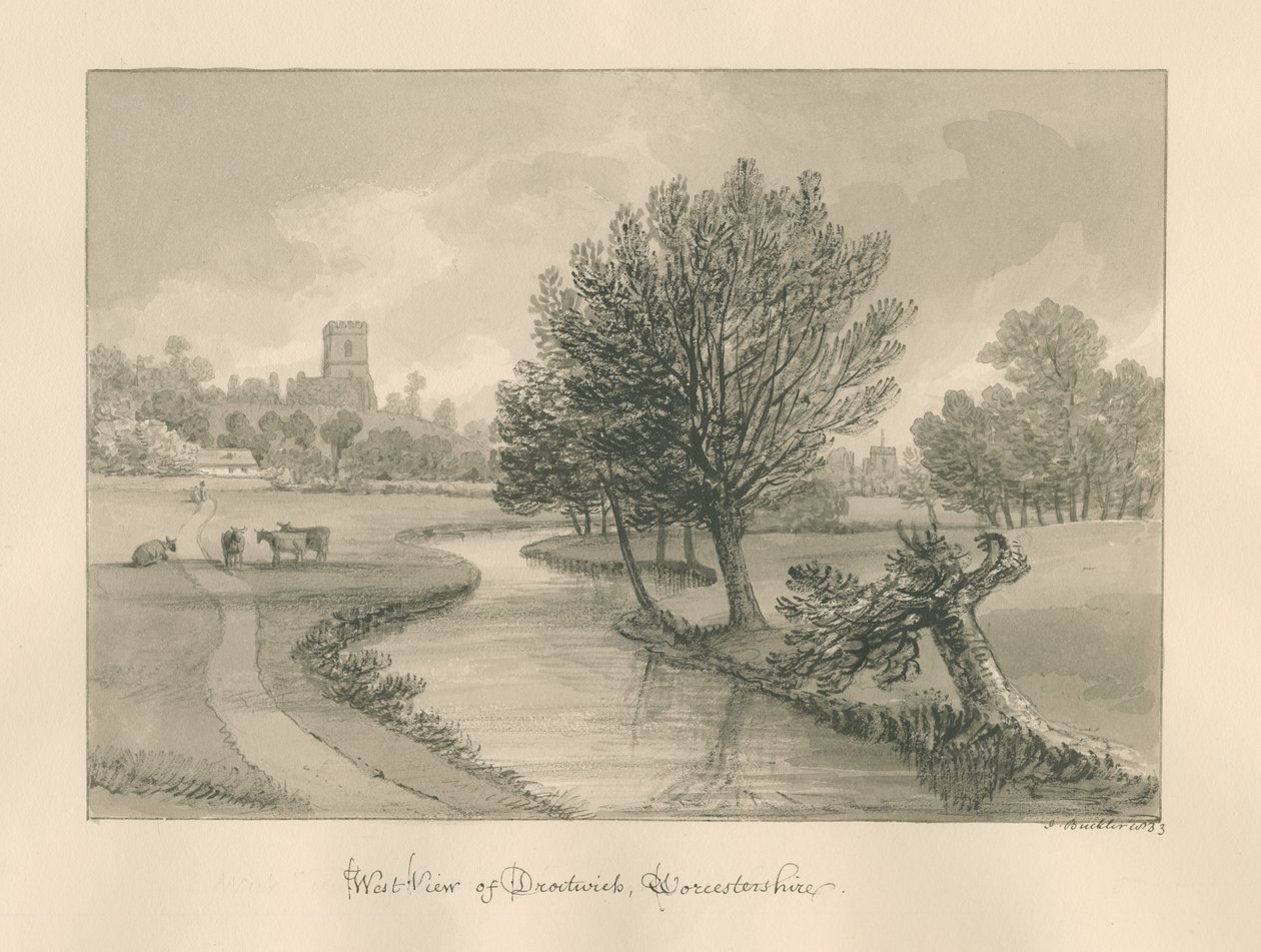 Worcestershire - Droitwich - West View of Town: sepia-tegning, 1833 av John Buckler