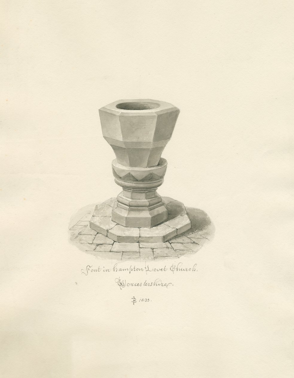 Worcestershire - Hampton Lovett Church - Font: sepia-tegning av John Buckler