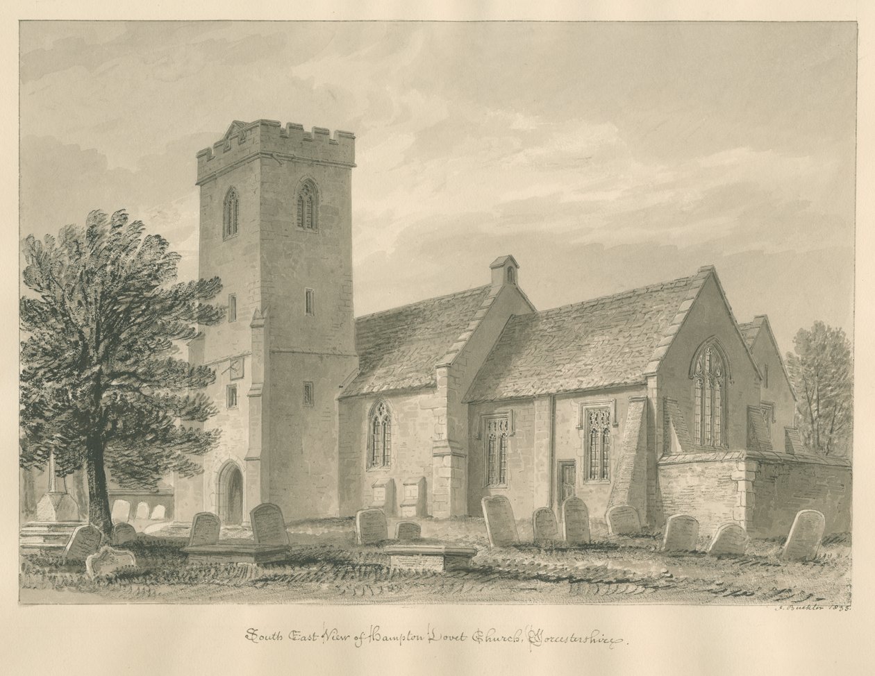 Worcestershire - Hampton Lovett Church: sepia-tegning, 1833 av John Buckler