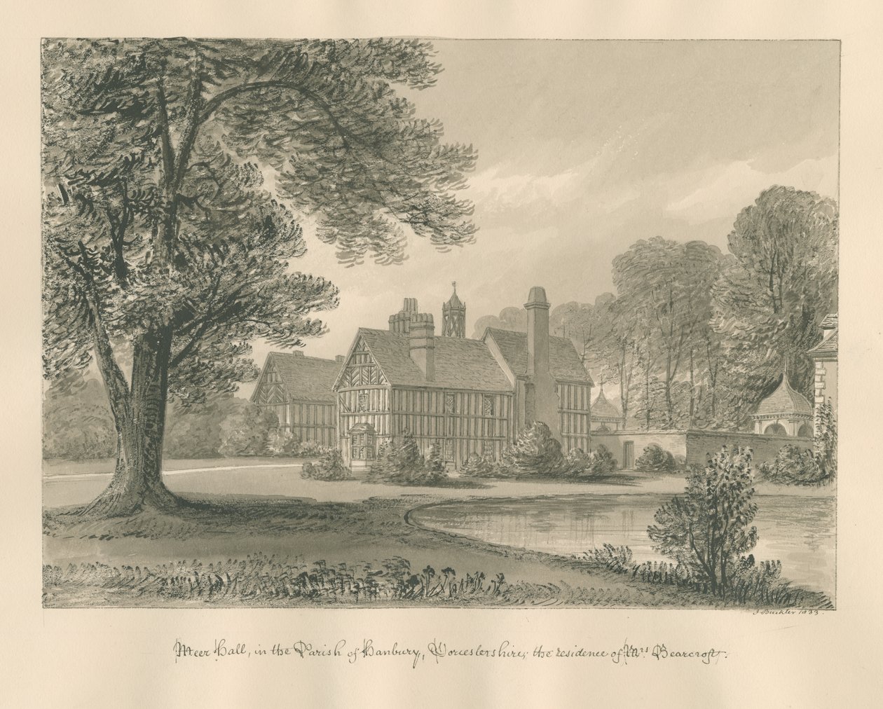Worcestershire - Hanbury - Meer Hall: sepia-tegning av John Buckler