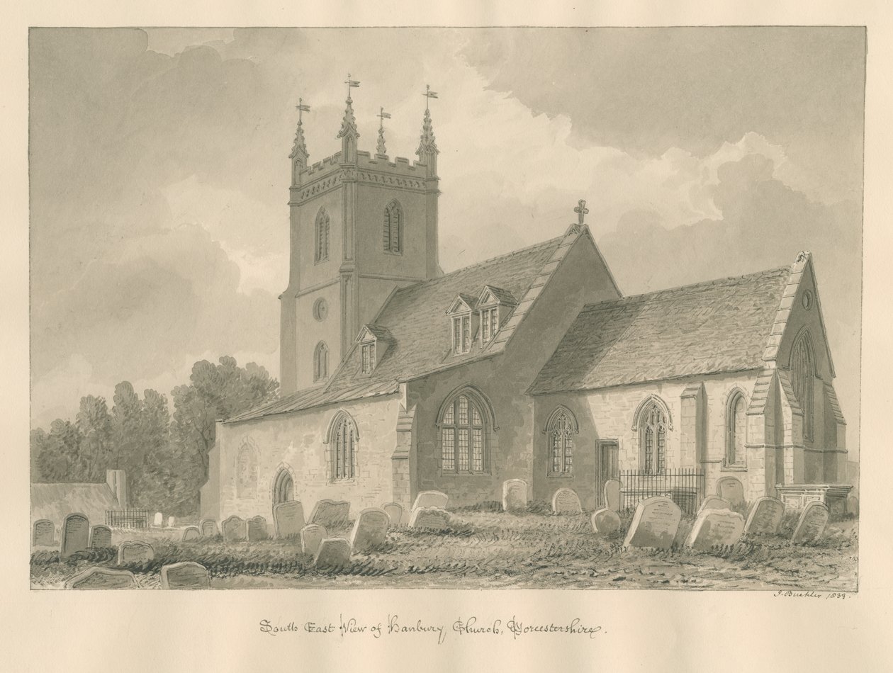 Worcestershire - Hanbury Church: sepia-tegning, 1833 av John Buckler