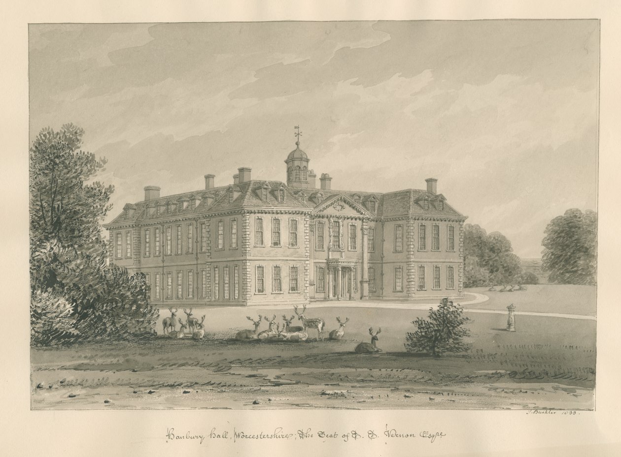 Worcestershire - Hanbury Hall: sepia-tegning, 1833 av John Buckler