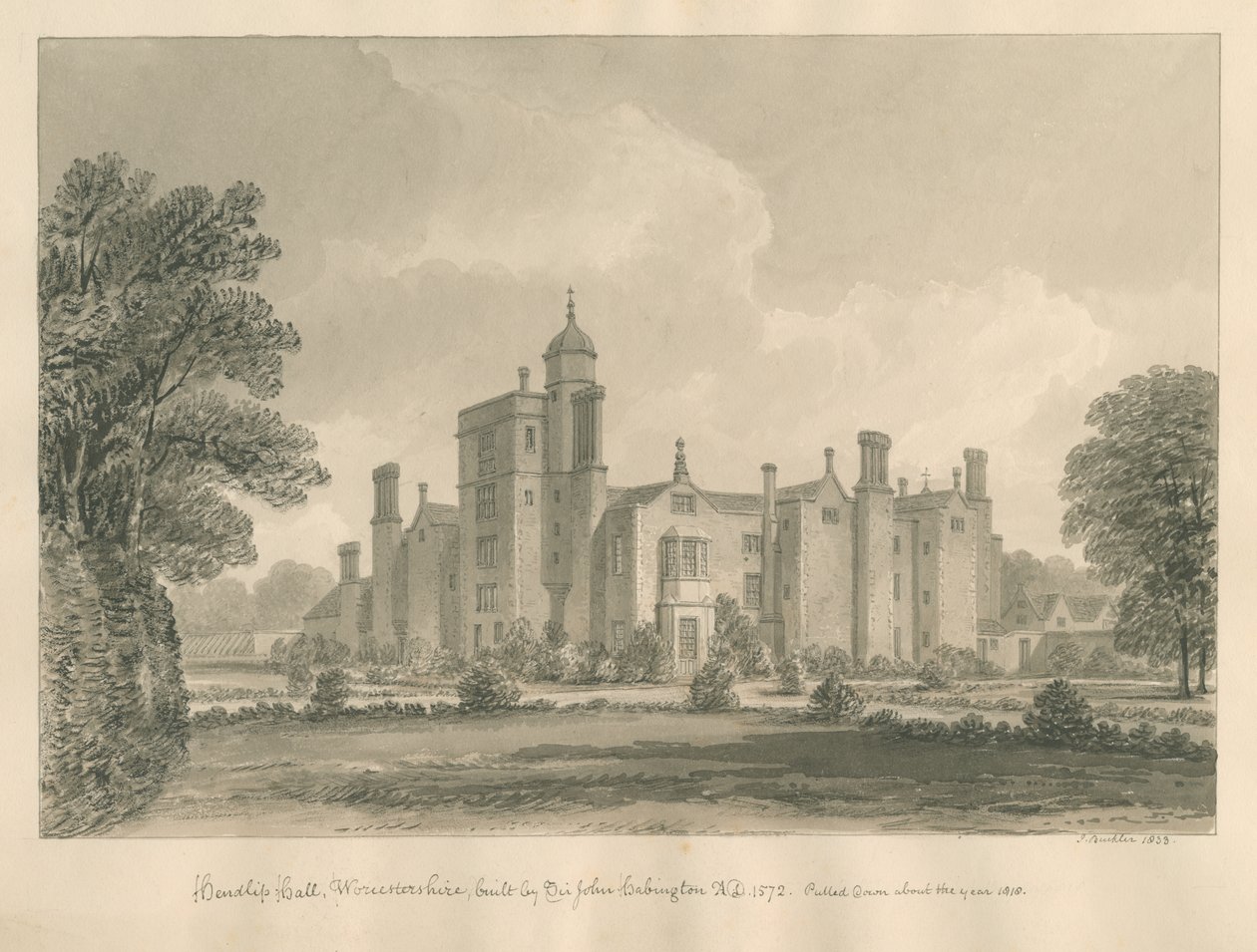 Worcestershire - Hindlip Hall: sepia-tegning, 1833 av John Buckler