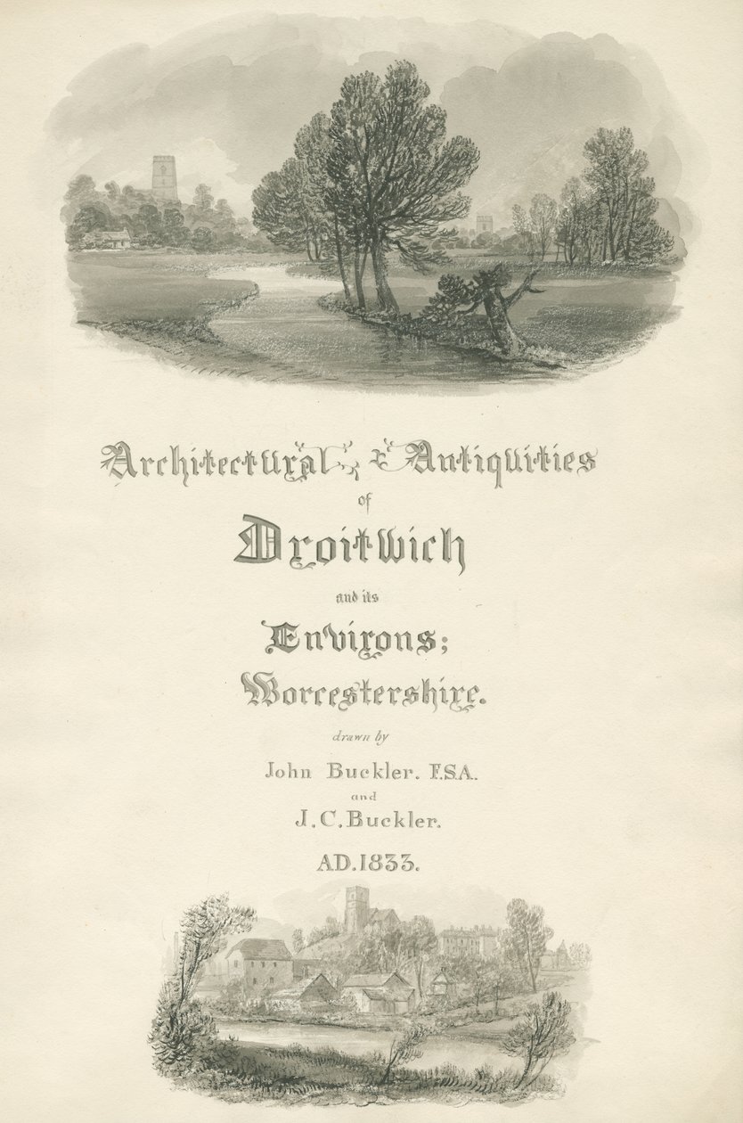 Worcestershire - Tittelside for portefølje av arbeid av John og J. C. Buckler: sepia-tegning av John Buckler