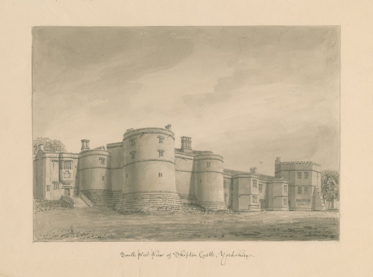 Yorkshire - Skipton Castle: sepia-tegning, 1818 av John Buckler