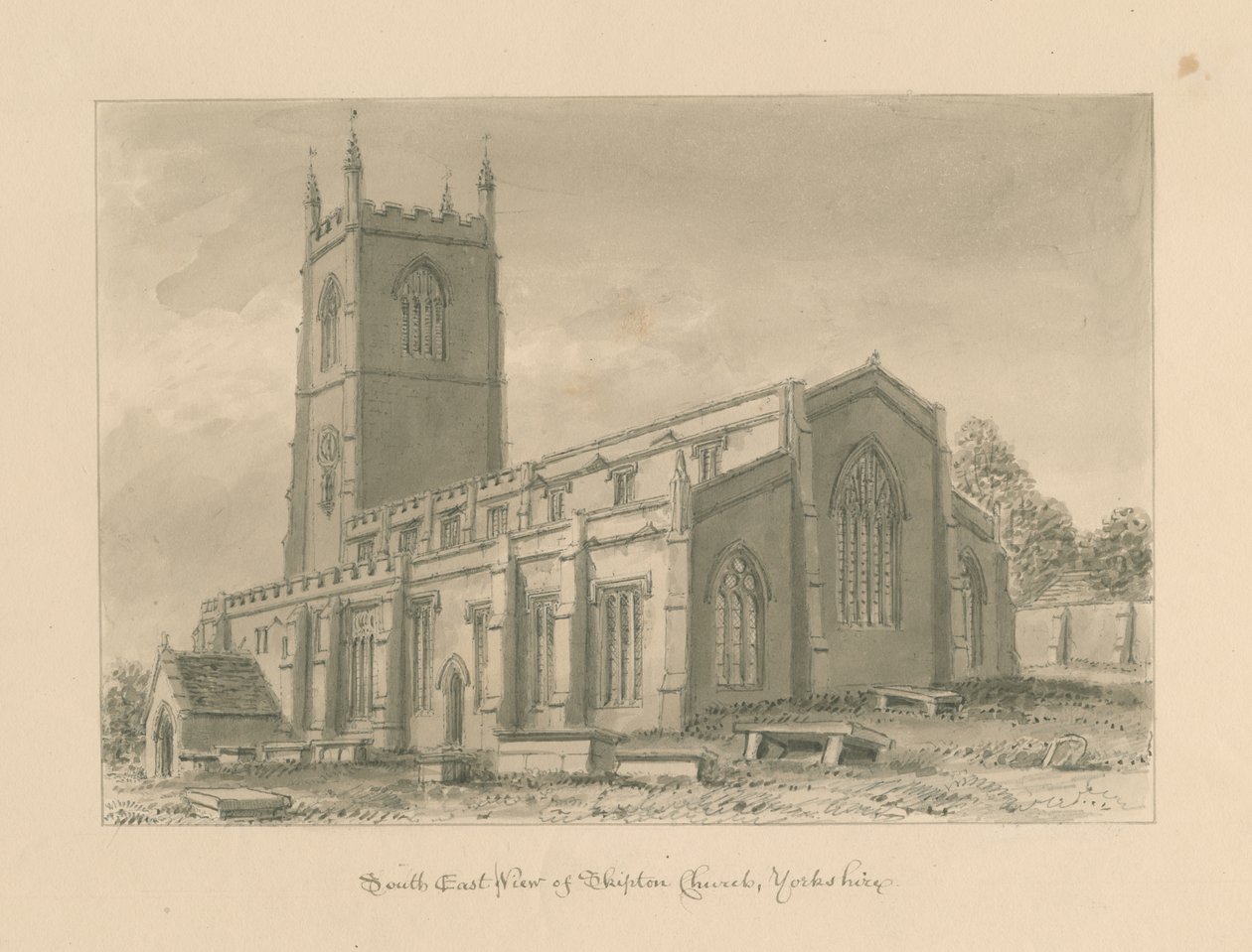 Yorkshire - Skipton Church: sepia-tegning, 1818 av John Buckler