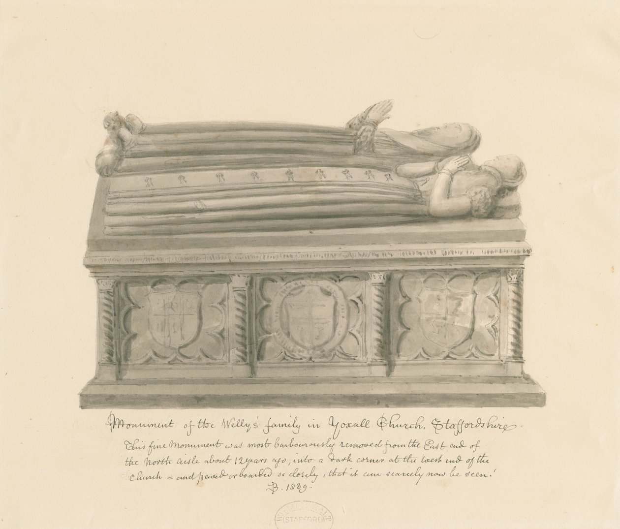 Yoxall Church - Monument over Wellys familie: sepia-tegning av John Buckler