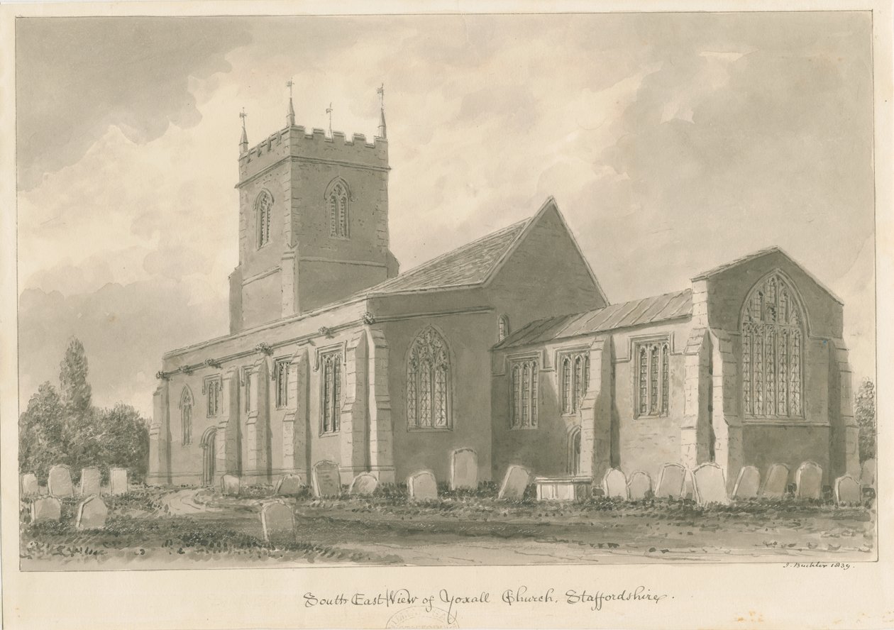 Yoxall kirke: sepia tegning av John Buckler