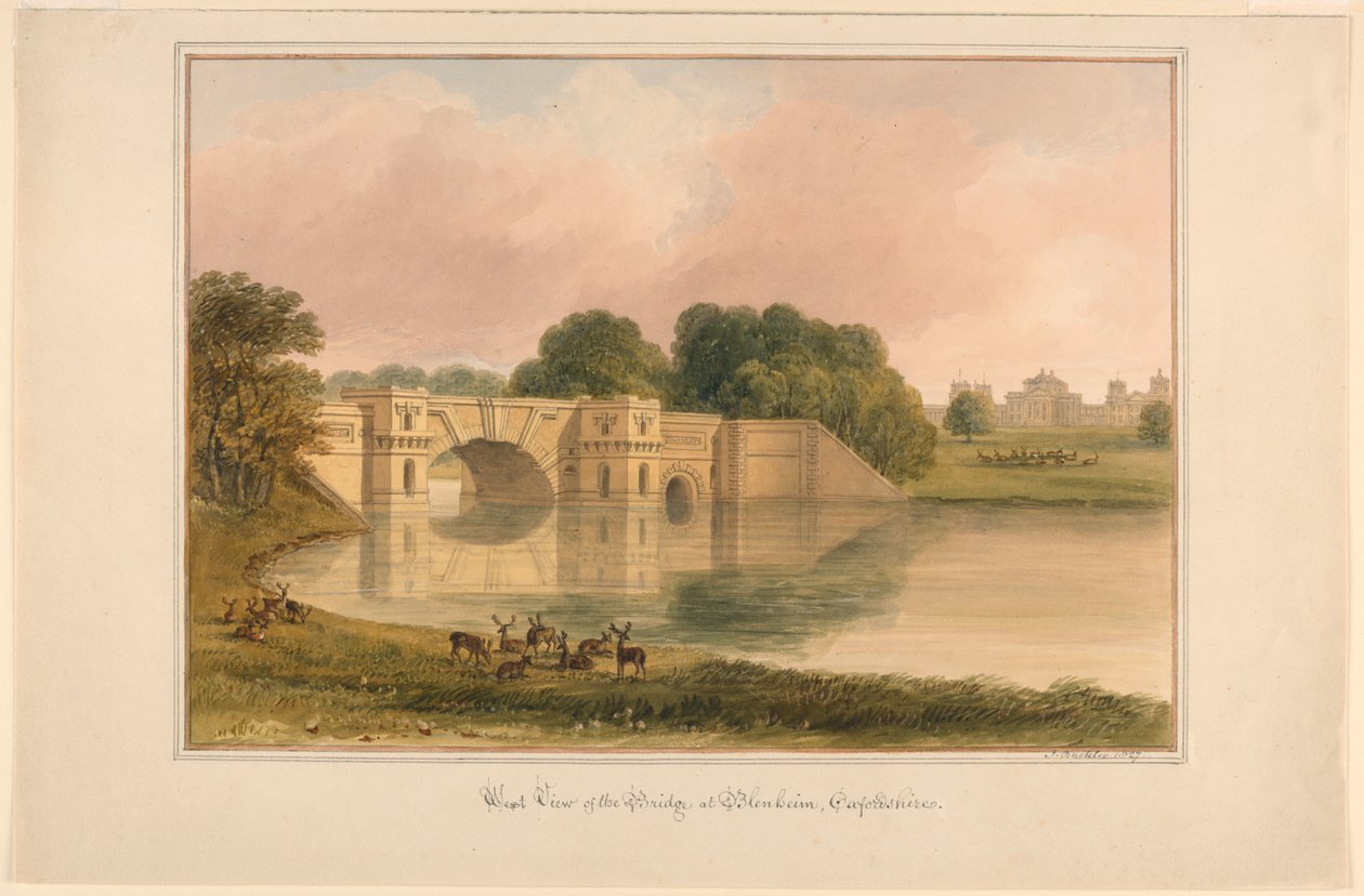 Vestutsikt over Bridge ved Blenheim, Oxfordshire av John Buckler, F.S.A.