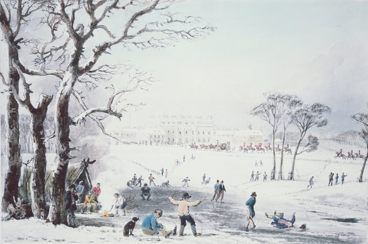 Utsikt over Buckingham House og St James Park om vinteren, pub. av R. Havell und Sons, 1810 av John Burnet