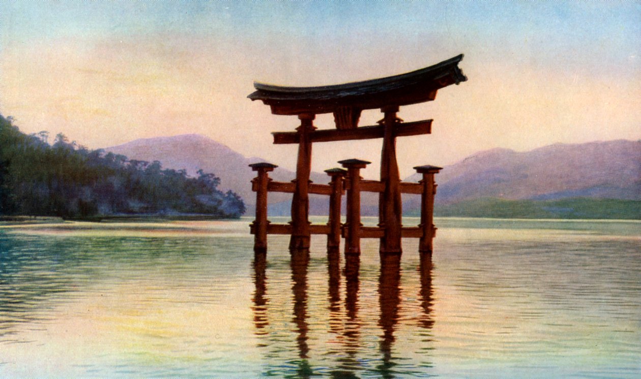 Torii fra Itsukushima Hand MP-medlem Miyajima doktor san d, Japan, c1930-tallet av John Bushby