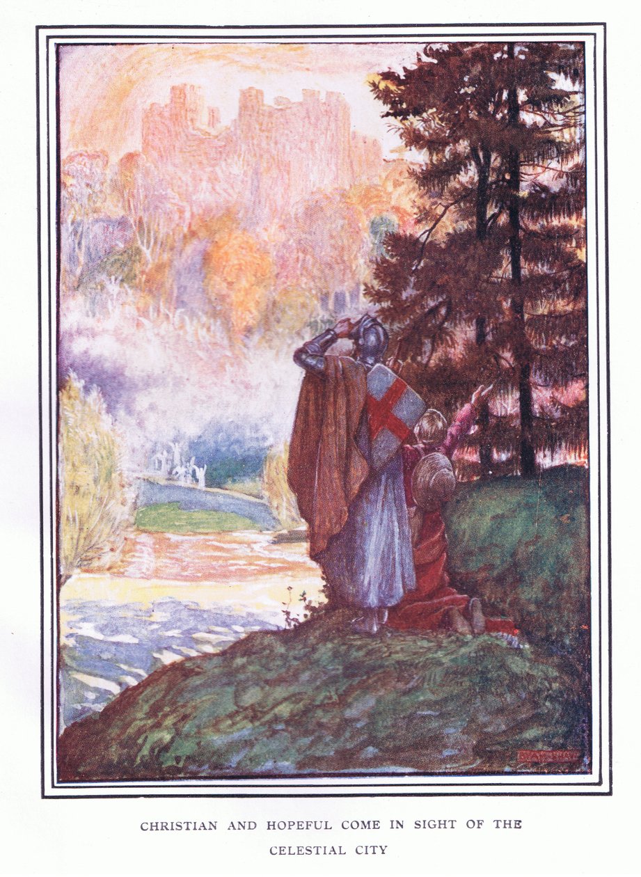 Kristne og håpefulle kommer i syne av den himmelske byen av John Byam Liston Shaw