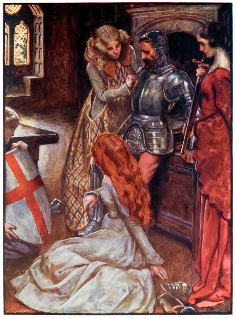 Christian bevæpnet fra The Pilgrims Progress From This World, To That What Is To Come av John Bunyan (1628-1688) Illustrasjon av Byam Shaw (1872-1919), Christian i våpenhuset på Palace Beautiful b av John Byam Liston Shaw