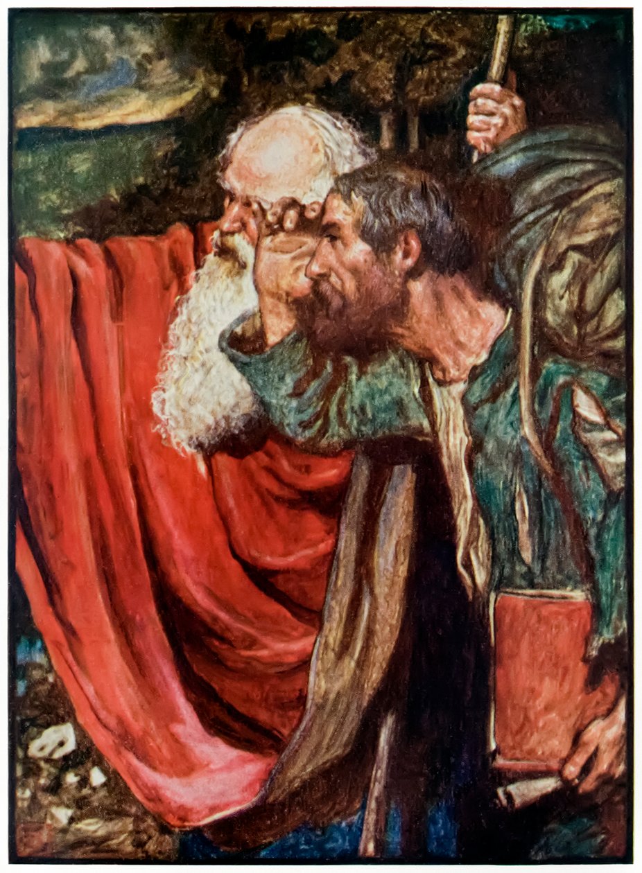 Evangelist peker ut veien til Wicket Gate fra The Pilgrims Progress From This World, To That Who Is To Come av John Bunyan (1628-1688) Illustrasjon av Byam Shaw (1872-1919) som viser Evangelis av John Byam Liston Shaw