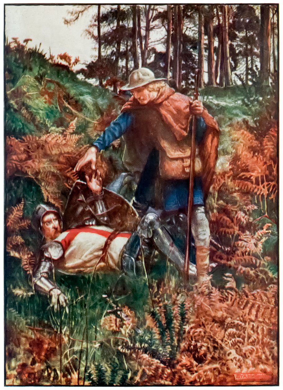 Faithful hjelper Christian opp etter hans fall fra The Pilgrims Progress From This World, To That Who Is To Come av John Bunyan (1628-1688) Illustrasjon av Byam Shaw (1872-1919) som viser kristen vesen av John Byam Liston Shaw
