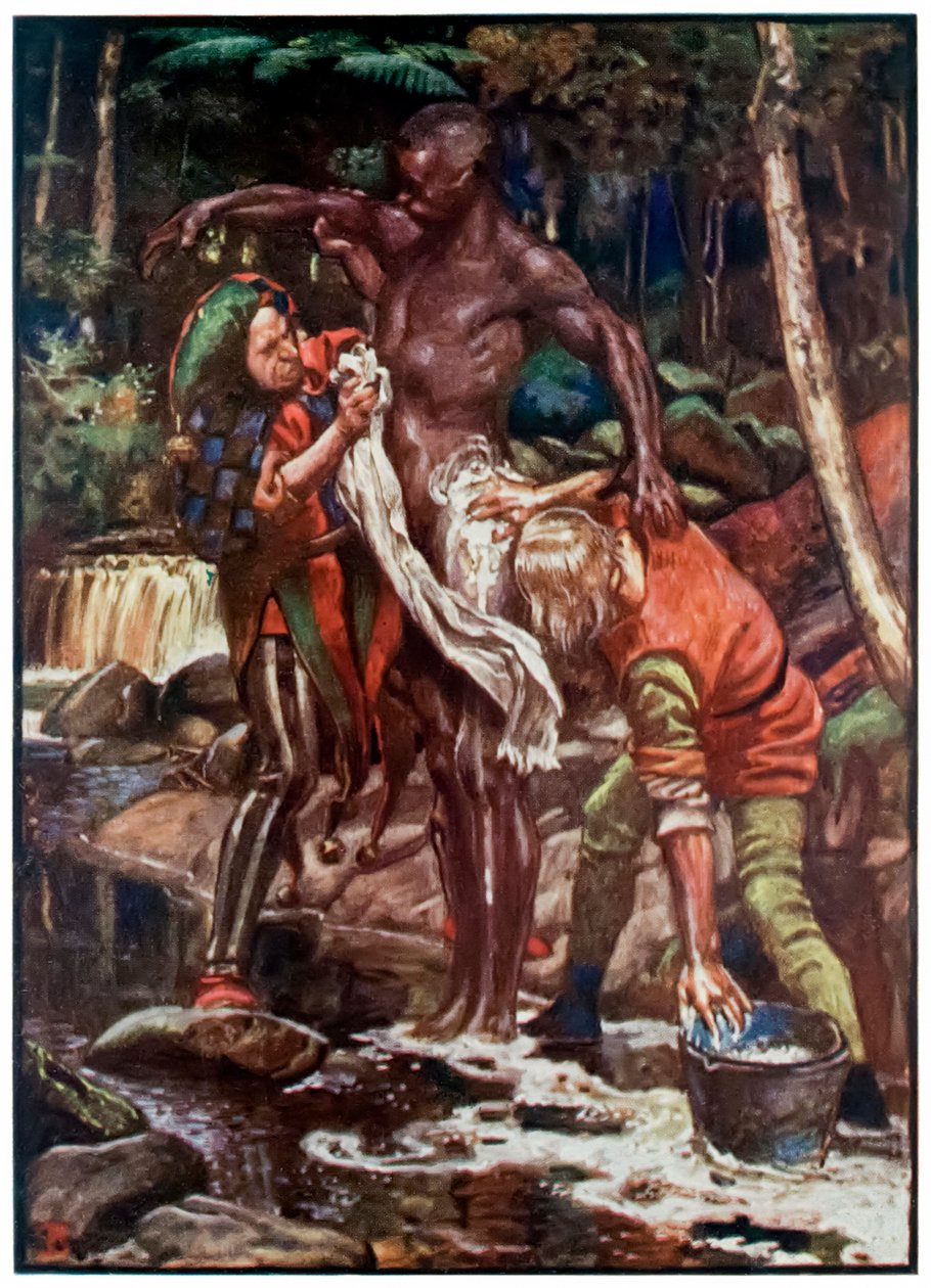 Fool and Want-Wit vasker etiopieren fra The Pilgrims Progress From This World, To That Who Is To Come av John Bunyan (1628-1688) Illustrasjon av Byam Shaw (1872-1919), prøver å vaske Ethiop av John Byam Liston Shaw