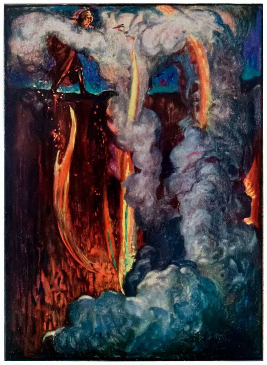 Hells Mouth from The Pilgrims Progress From This World, To That What Is To Come av John Bunyan (1628-1688) Illustrasjon av Byam Shaw (1872-1919) som viser Christian i Dødsskyggens dal av John Byam Liston Shaw