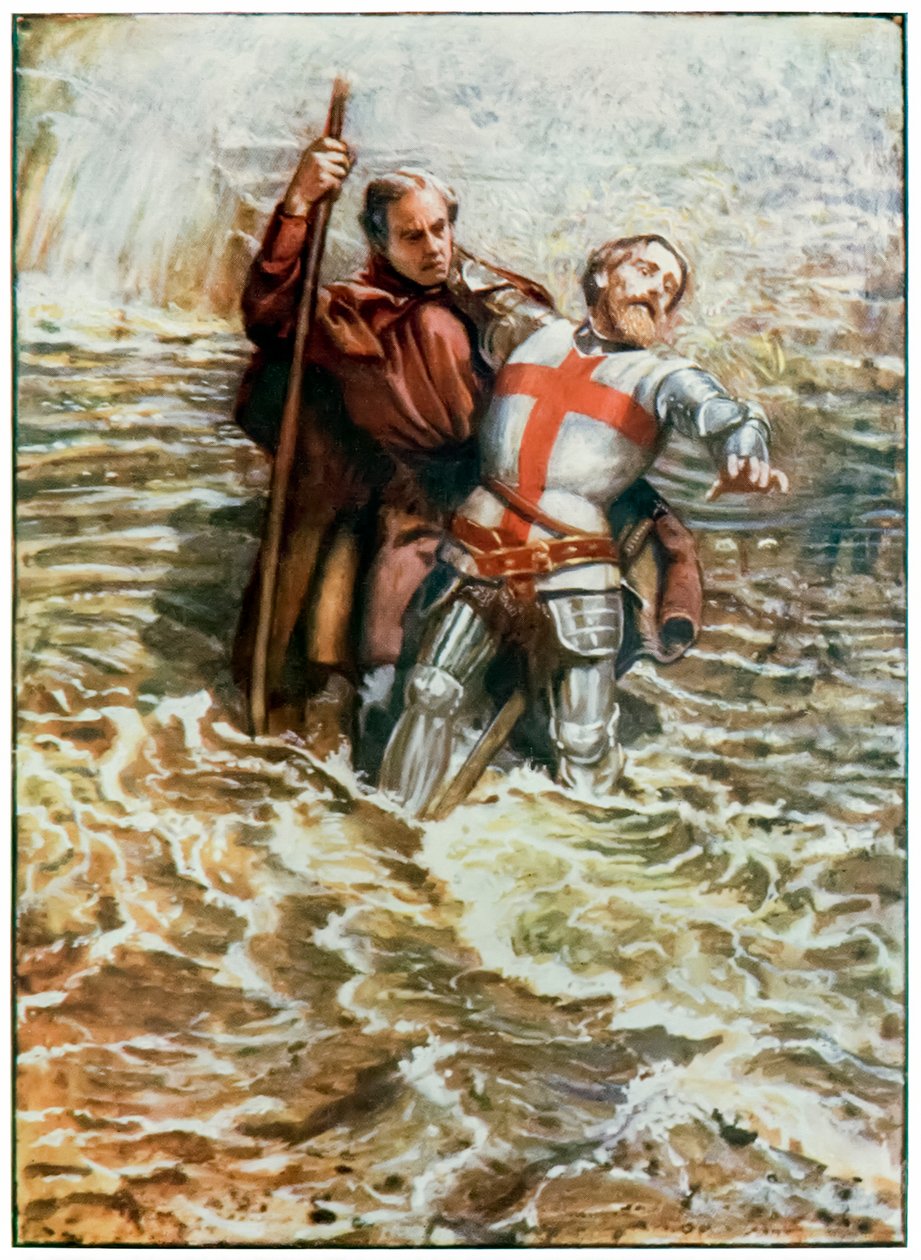 Hopeful hjelper Christian med å krysse elven fra The Pilgrims Progress From This World, To That Who Is To Come av John Bunyan (1628-1688) Illustrasjon av Byam Shaw (1872-1919), pilegrimene krysser av John Byam Liston Shaw