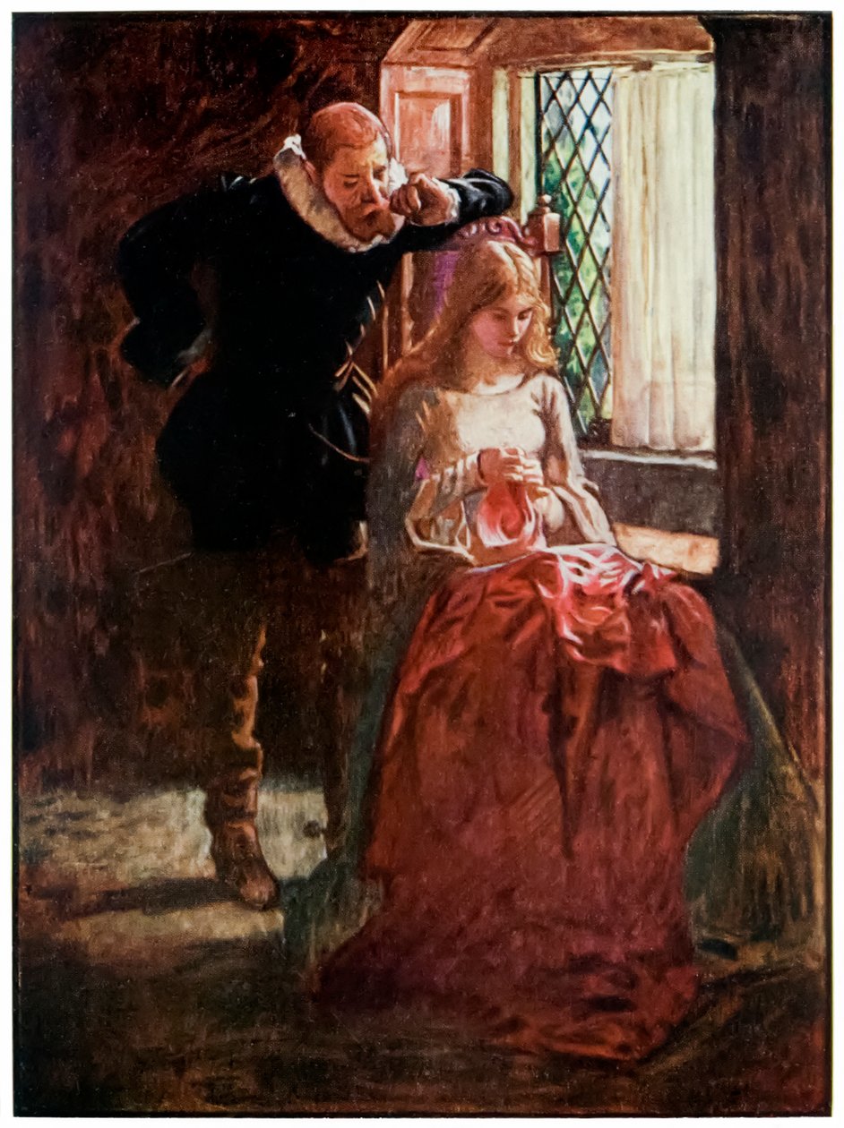 Mr Brisk and Mercy from The Pilgrims Progress From This World, To That Who Is To Come av John Bunyan (1628-1688) Illustrasjon av Byam Shaw (1872-1919), Mr Brisk kurtiserer nåde til han oppdager henne i av John Byam Liston Shaw