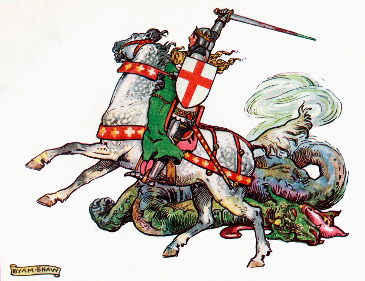 St. George og dragen, illustrasjon fra prinsesse Marie-Josés barnebok, utgitt 1916 av John Byam Liston Shaw