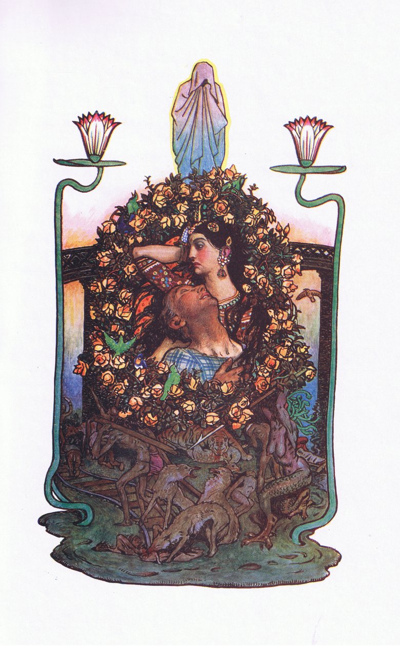 Hagen ved broen, illustrasjon fra The Garden of Kama (og andre tekster fra India), 1920 av John Byam Liston Shaw