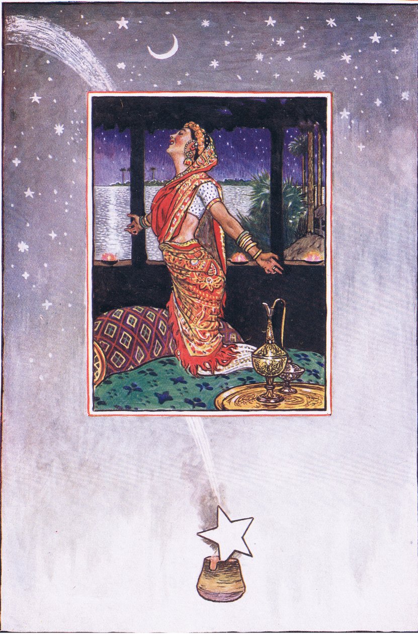 Det er ingen bris for å kjøle ned kjærlighetens hete, illustrasjon fra The Garden of Kama (og andre tekster fra India), 1920 av John Byam Liston Shaw