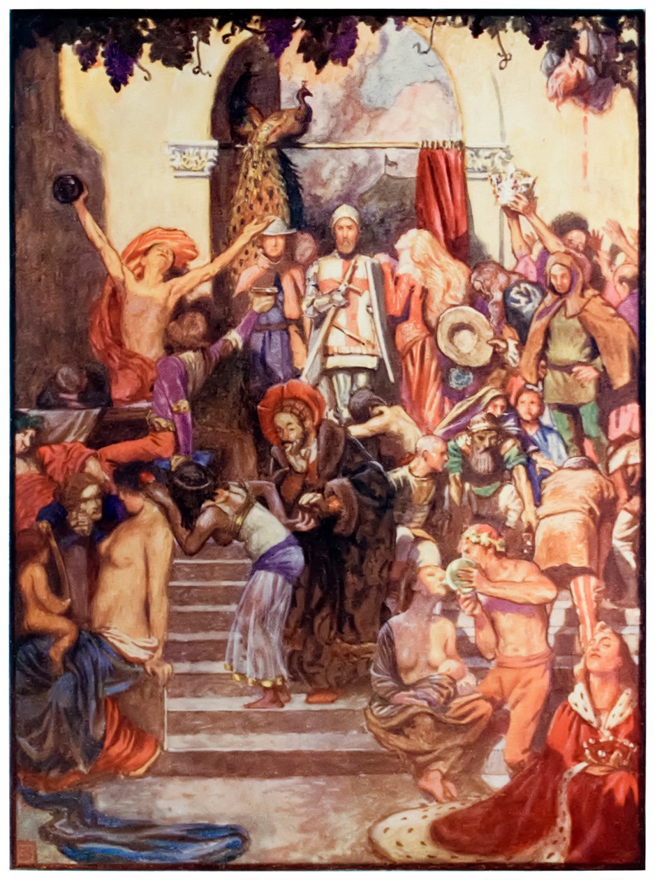 Vanity Fair fra The Pilgrims Progress From This World, To That Who Is To Come av John Bunyan (1628-1688) Illustrasjon av Byam Shaw (1872-1919) som viser kristne og trofaste som kommer inn i byen Va av John Byam Liston Shaw