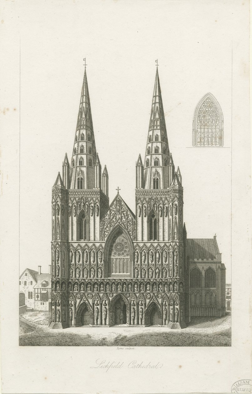 Lichfield Cathedral - West Front: gravering og [?tidlig 1800-tall] (trykk) av John Byrne