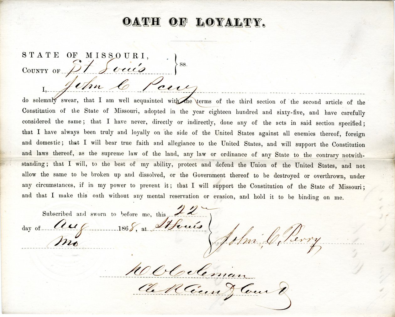Lojalitetsed av John C. Perry fra Missouri, fylket St. Louis av John C. Perry