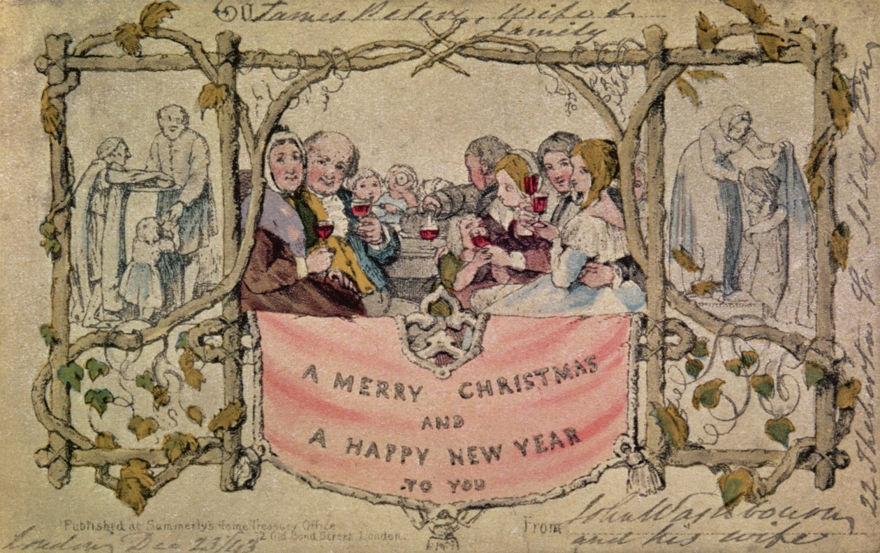 Julekort, eksempel på det første kjente julekortet som ble brukt, 1843 (håndfarget akvarell på trykk) (for originalt design se 14897) av John Callcott Horsley