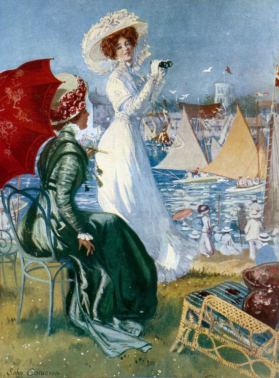 Belle epoque: "" Unge kvinner følger regater med kikkert"" Litografi av John Cameron (20. århundre) Paris, Decorative Arts av John Cameron
