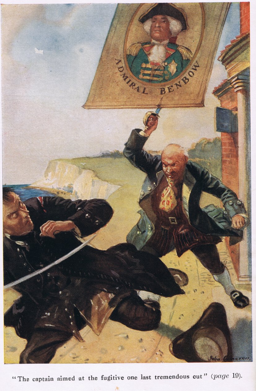 Kapteinen siktet mot flyktningen på siste enorme kutt, illustrasjon fra "Treasure Island" av Robert Louis Stevenson av John Cameron