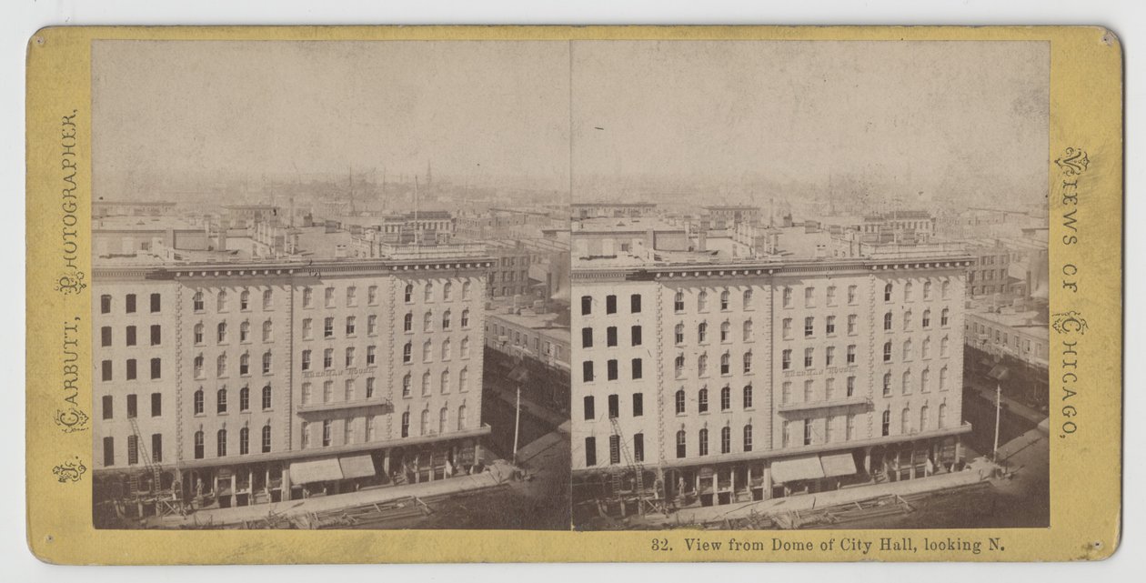 Stereograf av utsikt fra kuppelen til rådhuset ser nordover, før Chicago-brannen i 1871 av John Carbutt