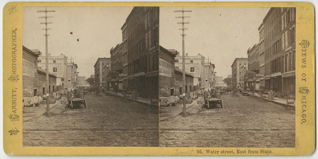Stereograf av utsikten over Water Street som ser østover fra State Street, Chicago, ca. 1870 av John Carbutt
