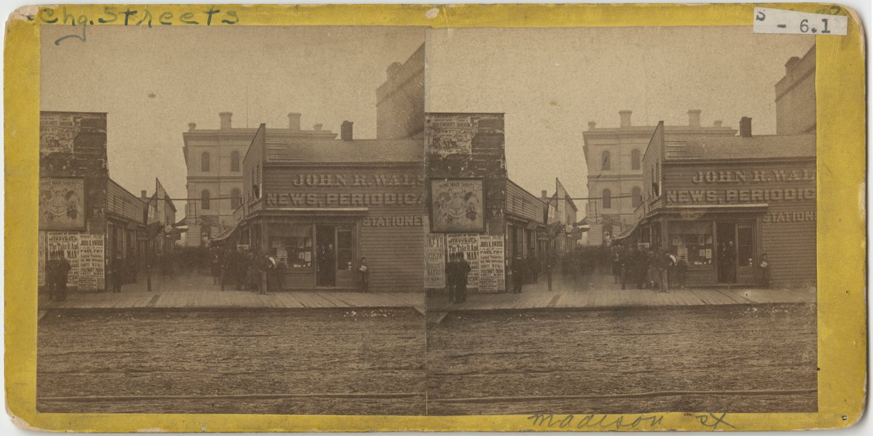 Utsikt over John R. Walsh Periodicals-butikken på Madison Street, Chicago med postkontoret i bakgrunnen, 1869 av John Carbutt