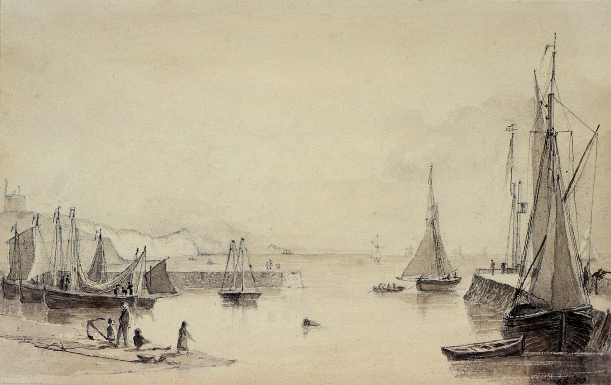 Folkestone Harbor with Shipping, Shakespeares Cliff in the Distance, 1800-tallet av John Carpenter