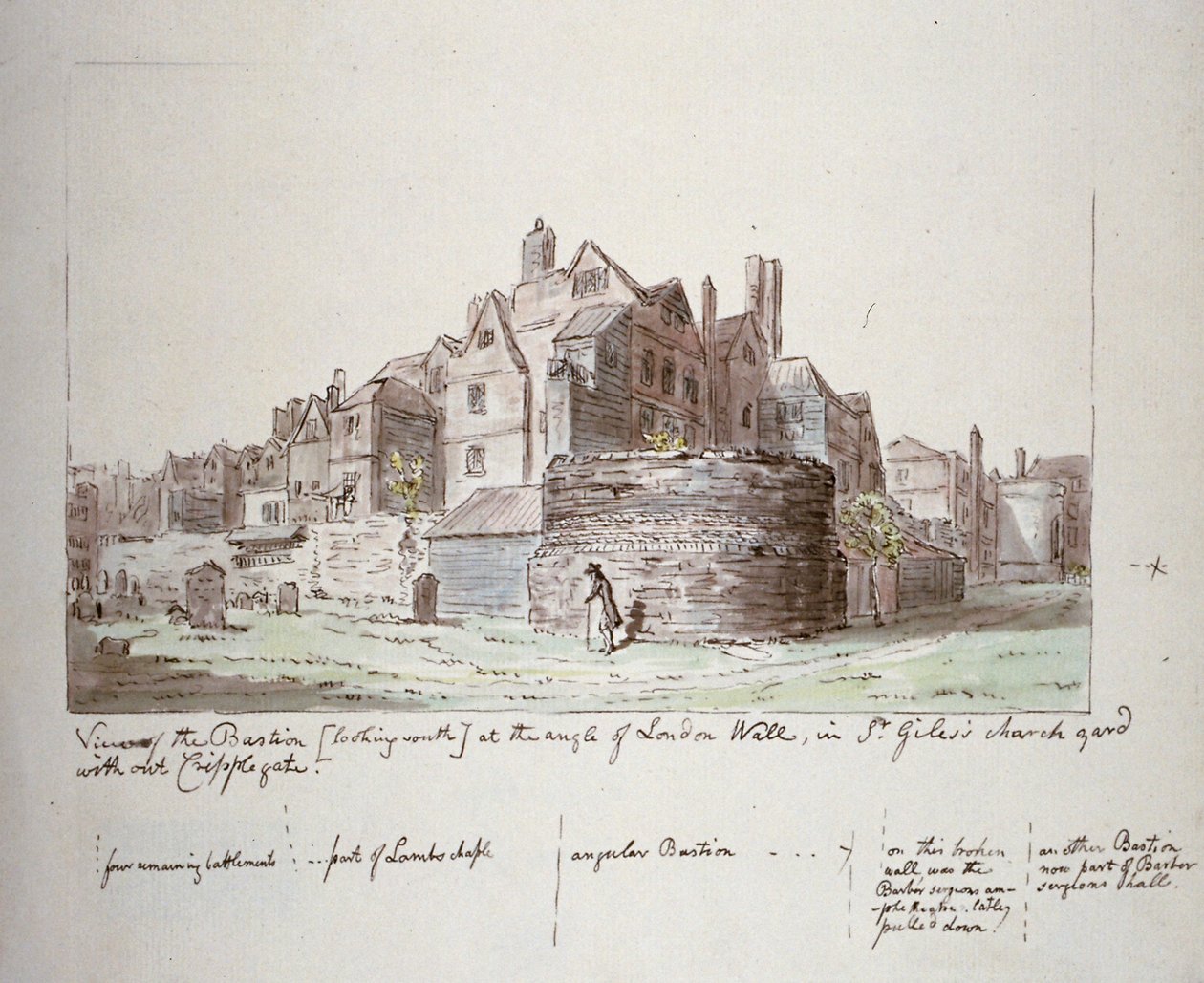 Bastion i vinkelen til London Wall, St Giles uten Cripplegate kirkegård, City of London, 1779 av John Carter