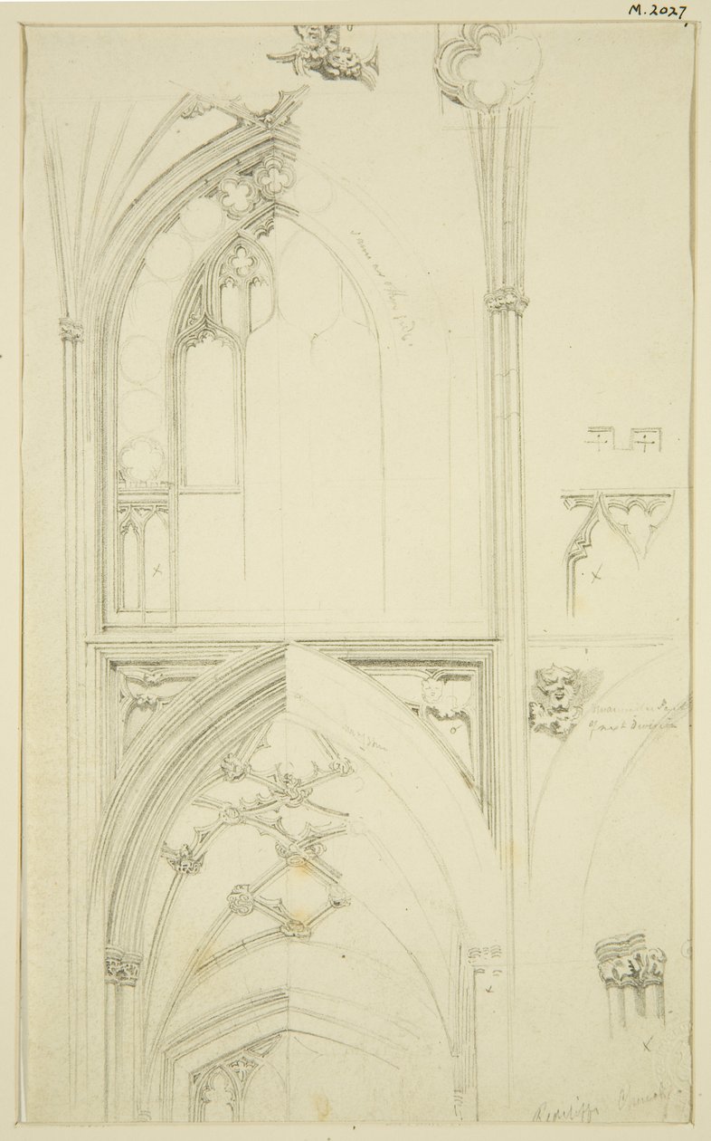 Detaljer om Clerestory Window Tracery og Vaulting of the Aisle nedenfor, i St Mary Redcliffe (blyant og akvarell på papir) av John Carter