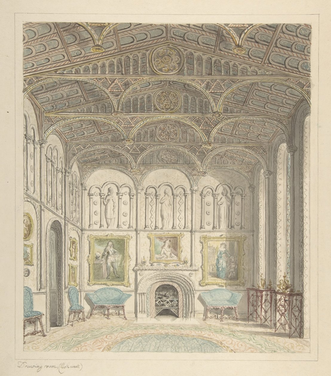 Salongen til Lea Castle, med utsikt mot vest, ca. 1816. av John Carter.