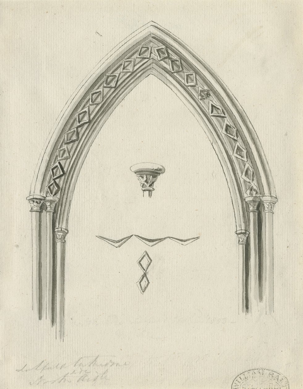 Interiør av Lichfield Cathedral - Arch in North Aisle: sepia-tegning, nd [?19th cent] (tegning) av John Carter