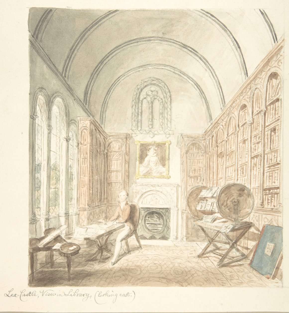 Lea Castle, Utsikt i biblioteket, Looking East, ca. 1816. av John Carter.