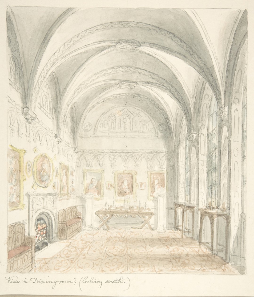 Lea Castle, Worcestershire, spisestue med utsikt mot sør, ca. 1816. av John Carter.