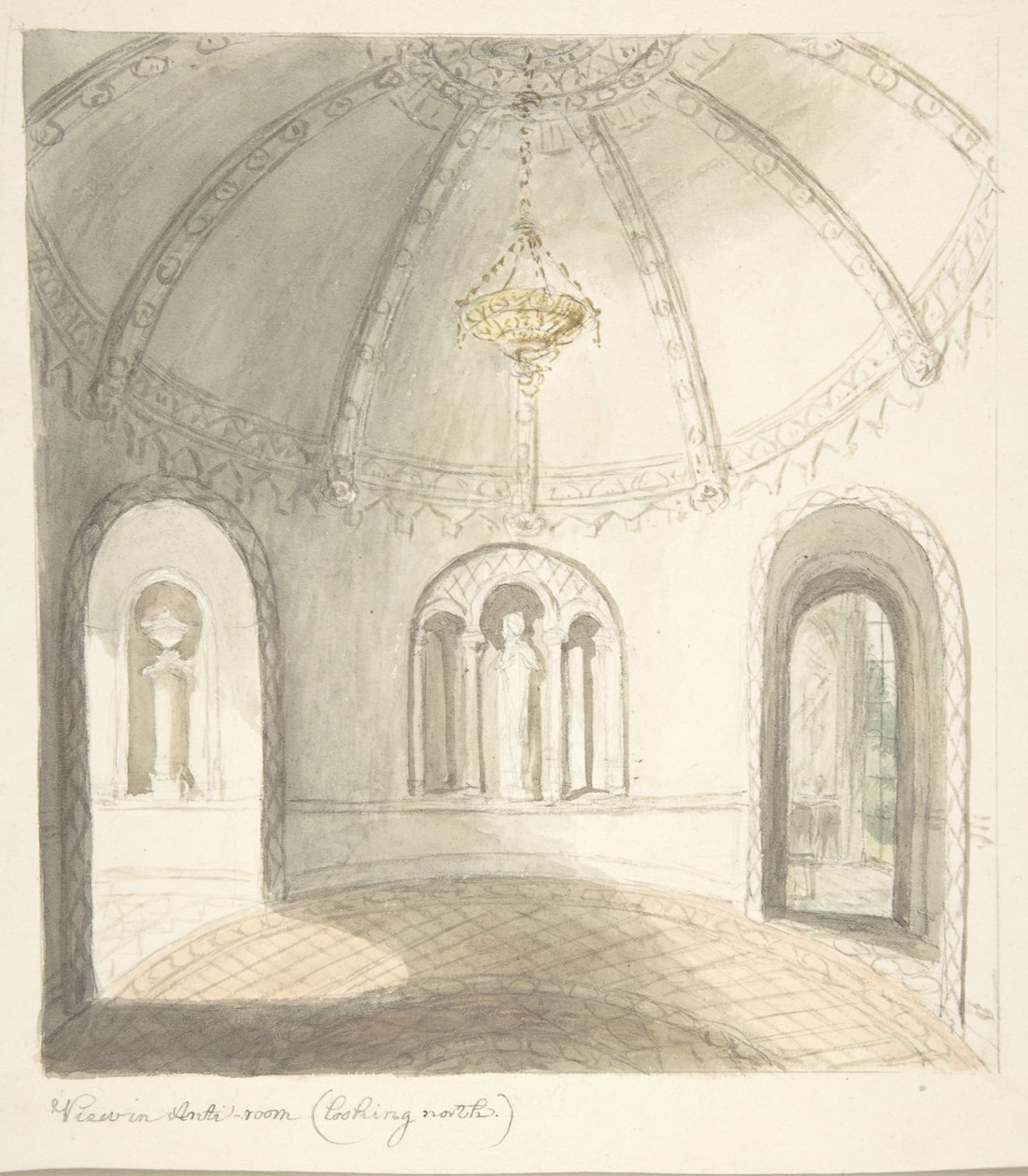 Lea Castle, Worcestershire, utsikt i forrommet, ser nordover, ca. 1816. av John Carter.