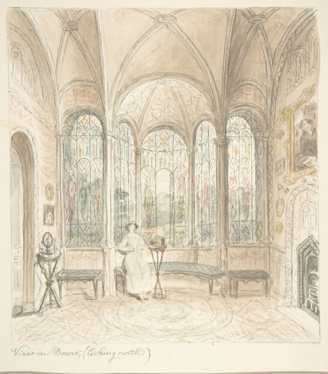 Lea Castle, Worcestershire, utsikt i Bower, ser nordover, ca. 1816. av John Carter.