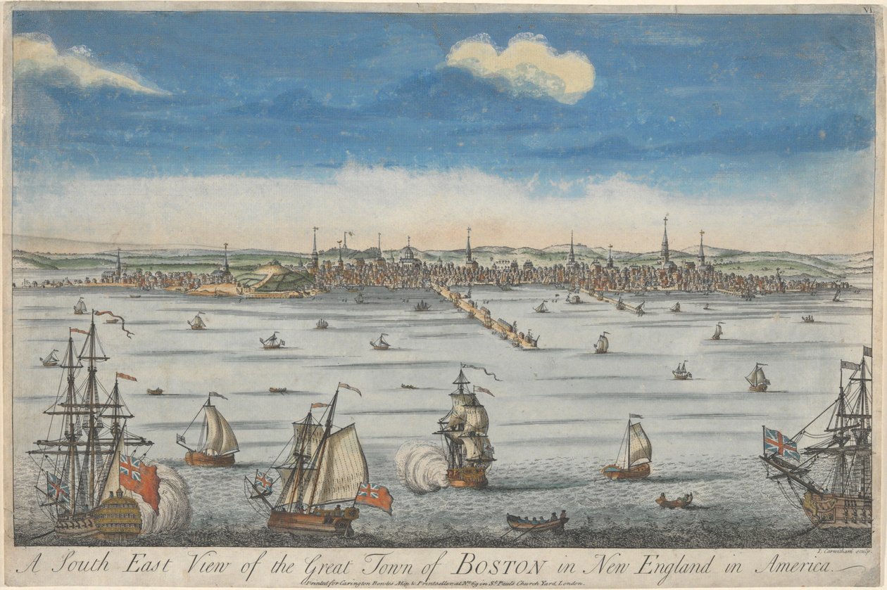 En sørøstlig utsikt over den store byen Boston i New England av John Carwitham
