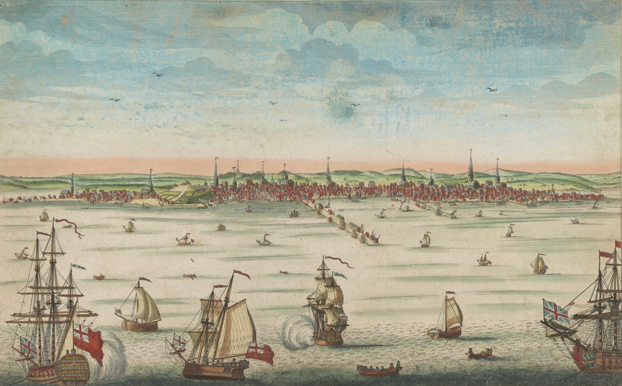 En sørøstlig utsikt over den store byen Boston i New England i Amerika, 1730-60 av John Carwitham
