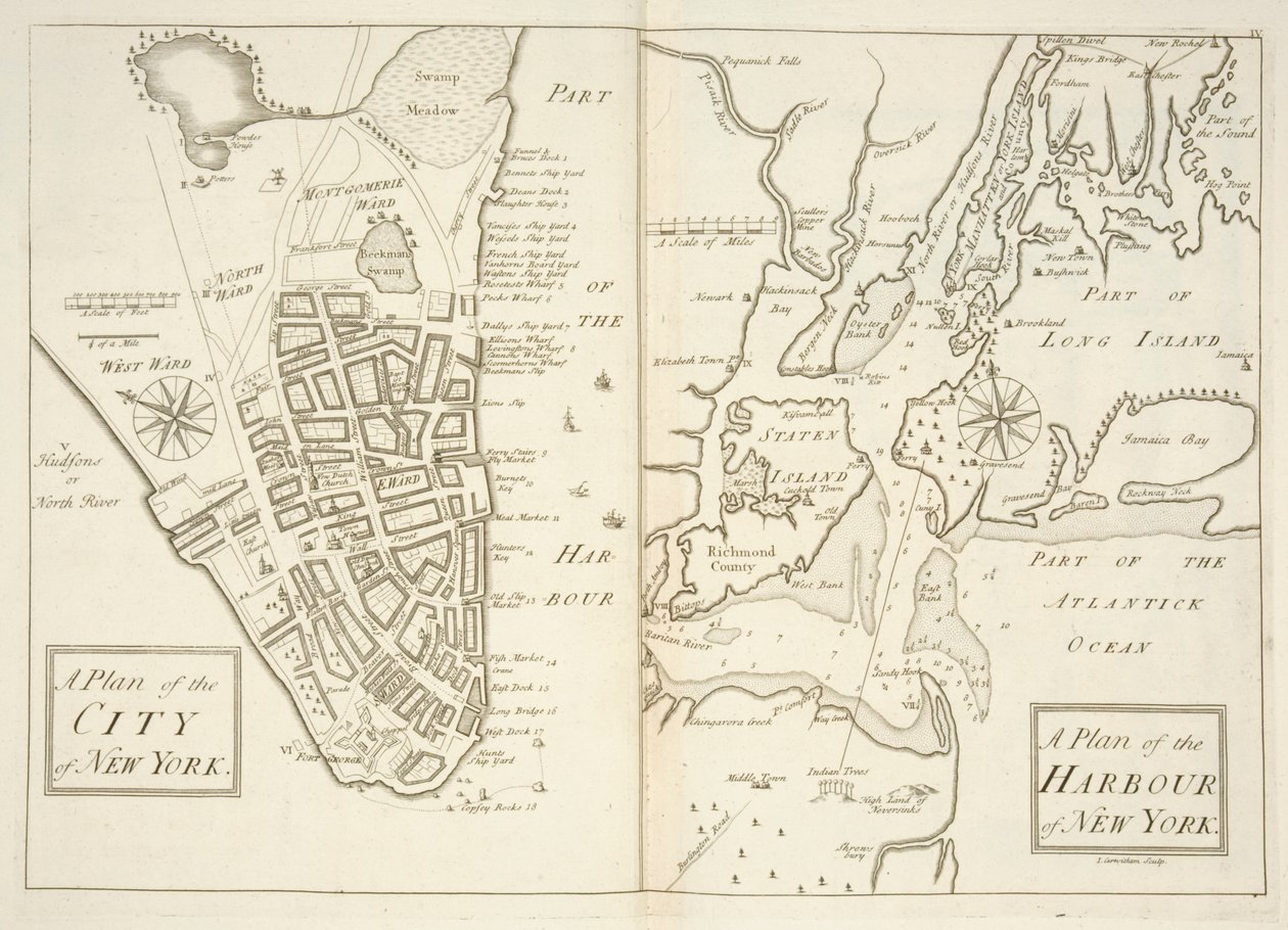 Holkham MS 109 F 41, planer for byen og havnen i New York, ca. 1740 (gravering) av John Carwitham