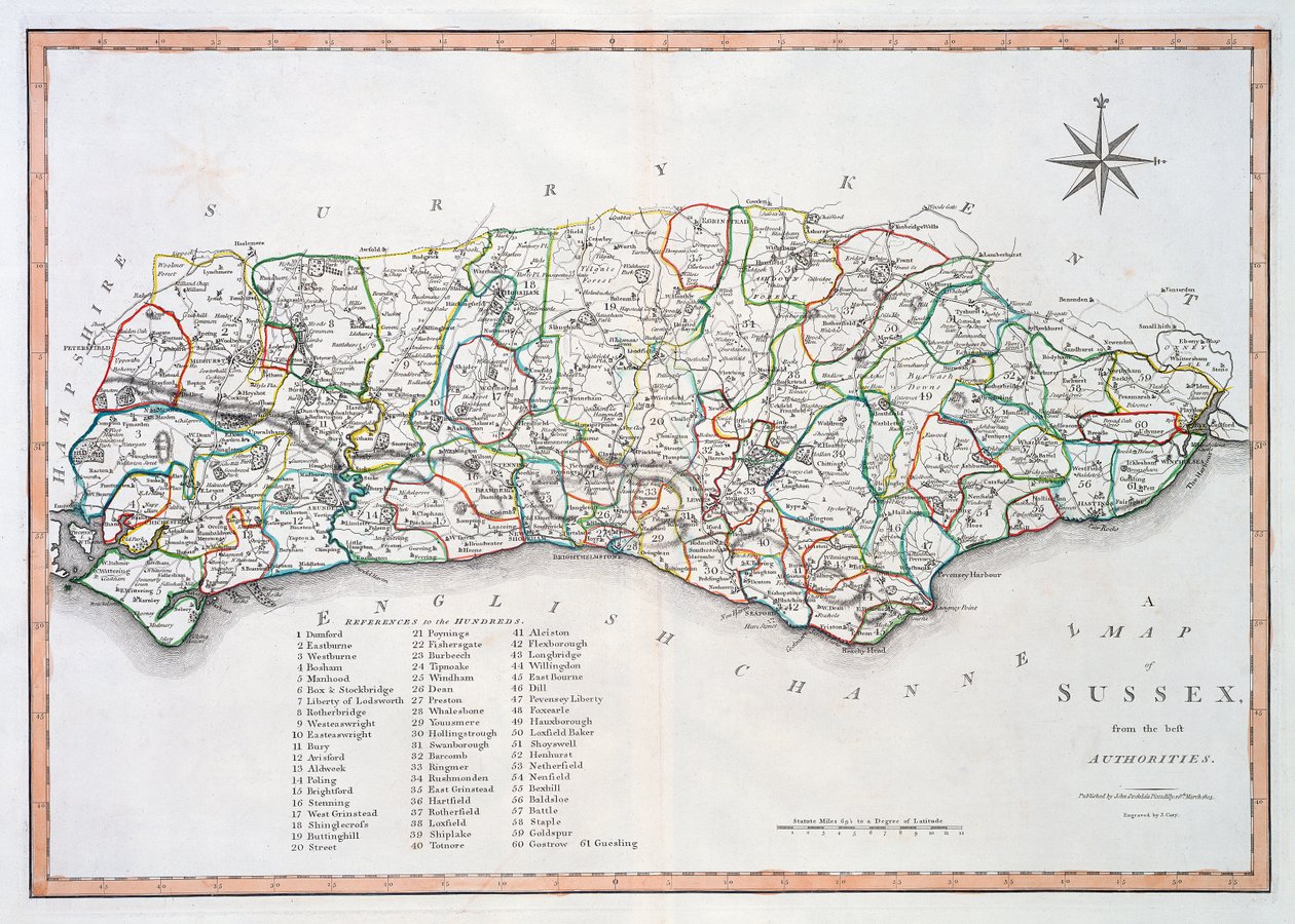 Kart over Sussex, 26. mars 1805 (håndfarget gravering) av John Cary