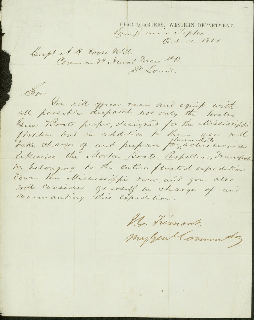 Brev signert J.C. Fremont, generalmajor, kommandoer i hovedkvarteret, Western Department, leir nær Tipton, til kaptein A.H. Foote, U.S.N. Kommanderende marinestyrker H.D., St. Louis, 11. oktober 1861 av John Charles Frémont